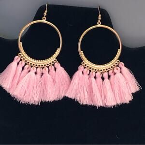 Boho Chic Hippie NWOT Light Pink Tassel Gold Tone Metal Hoop Earrings
